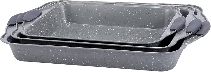 Anveena 3-Piece Nonstick Kitchen Oven Baking Pans - Premium & Stylish Non-Stick Steel, Commercial Grade Restaurant Quality Metal Bakeware with Red Silicone Handles - Easy to Clean gray