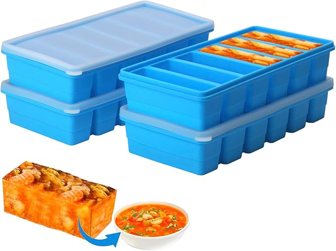1/2 Cup Silicone Freezer Tray With Lid - Silicone Freezer Molds 4 Pack For meal prep & freezing of various sauces and other dishes, makes 24 perfect 1/2 cup portions cubes (Blue 4 Pack)