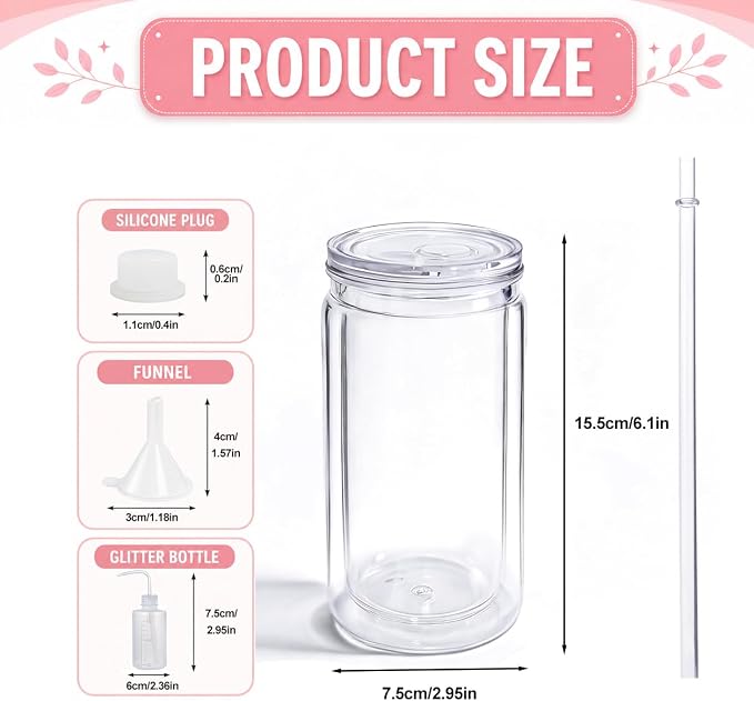 YOUKE OLA 20 Pack Acrylic Snowglobe Tumbler Pre-Drilled Double Wall Plastic Clear Cup for Glitter Snow Globe with Clear Lid & Straws Including DIY Kit 16oz