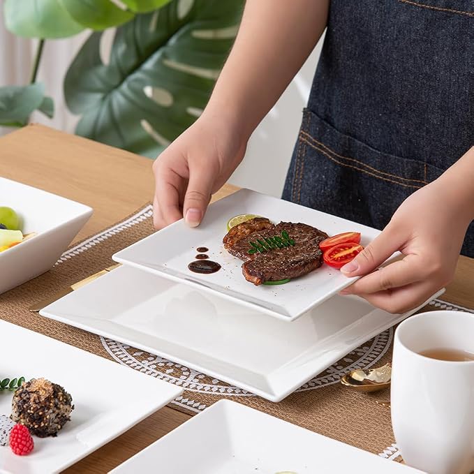 Porlien Off-White Porcelain Dinnerware Set (24 Piece Dinnerware Set), Square Dishes Set for 6 Person, Chip Resistant Dinnerware Set, Square Plates and Bowls Sets, Durable Everyday Dishes