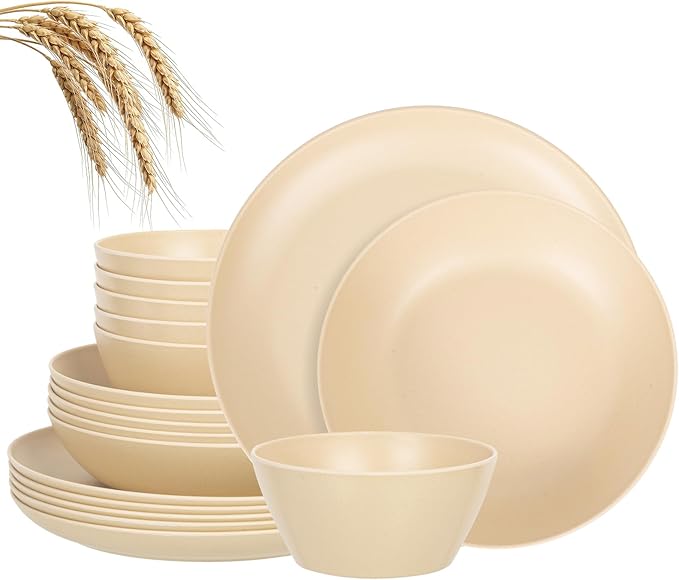 Unbreakable Dinnerware Set for 6 Butter Yellow 18 Piece Melamine Wheat Straw BPA Free Lightweight Dishwasher Safe Shatter Resistant for Kitchen Farmhouse Daily Breakfast