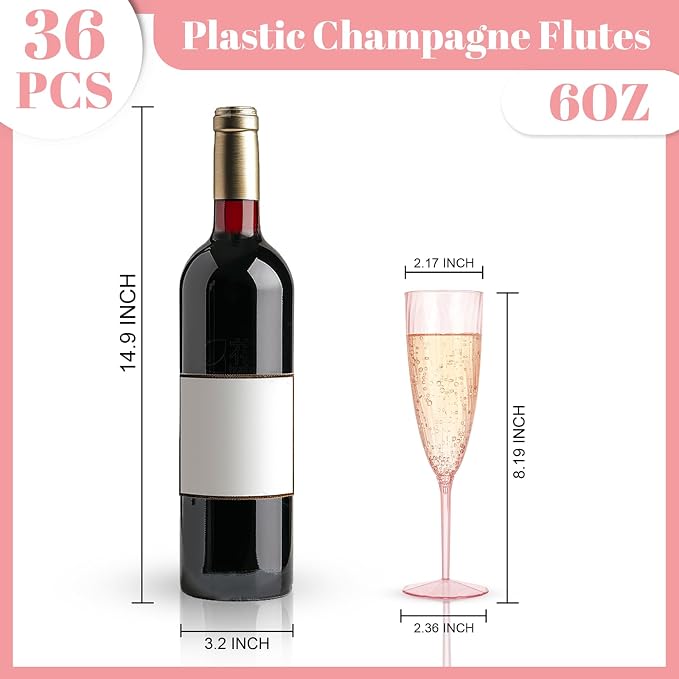 WDF 36PCS Pink Champagne Flutes Plastic - 6OZ Pink Disposable Champagne Flutes Party Supplies for Birthday Parties Baby Shower Wedding Spring
