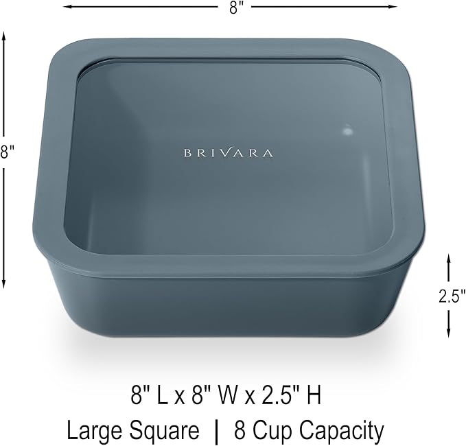 Ceramic Coated Glass Food Storage Container | No PTFE, PFOA, PFAS, and BPA | Reusable Non Toxic Meal Prep Container with Glass Lid | Easy To Store | 8 Cup Square [Dusk]