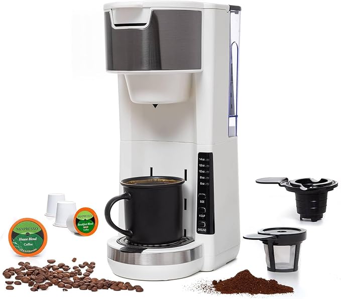 Single Serve Coffee Maker, 2 in 1 for Ground Coffee&Pods, 180s Rapid Brew with 5 Cup Sizes 6-14oz, Auto Shut Off, Small Compact Travel Coffee Machine for Home Office Camping