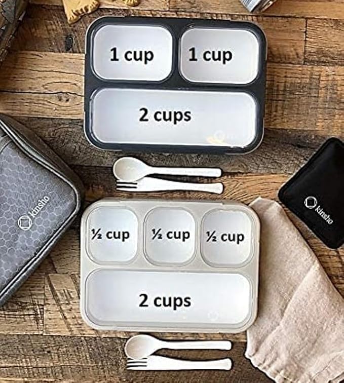 kinsho Bento Box Lunch Boxes for Kids Adults, Meal and Snack Containers School Work Travel, 4 Divided Portion Control Compartments, Japanese Style, BPA Free, Utentils Included (Grey + Black, 2 Pack)
