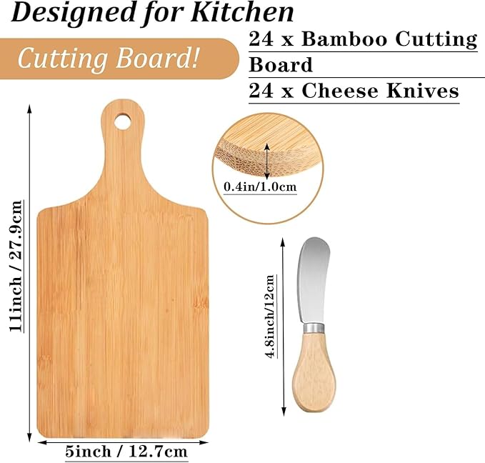 24 Pcs Bamboo Cutting Board Set with 24 Pcs Cheese Knives, 11" x 5" Individual Charcuterie Boards, Blank Laser Engraving Boards & Butter Knives Bulk Set, Perfect for Kitchen, Gifts, Home Decor