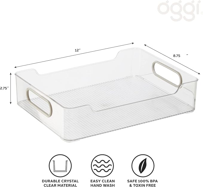 Oggi Cabinet/Drawer Storage Bin - 12" x 8.75", Clear/Gray, Ideal for Kitchen Organization, Pantry Storage, Fridge Organizing - Set of 6, (9771 (7771))