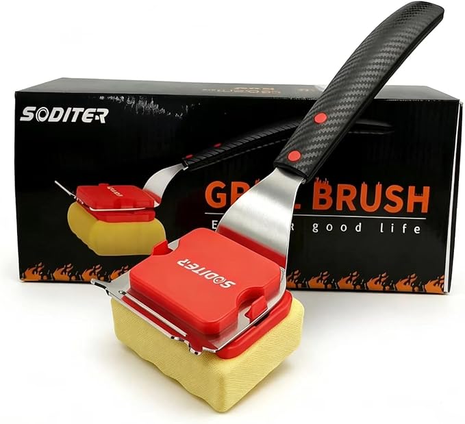 Grill Brush Bristle Free with Steam Cleaning Head & Scraper - BBQ Grill Cleaning Brush for Outdoor Grill, Safe Grill Cleaner for Cast Iron, Stainless Steel Grates, Replaceable Head (Two Brush Heads)