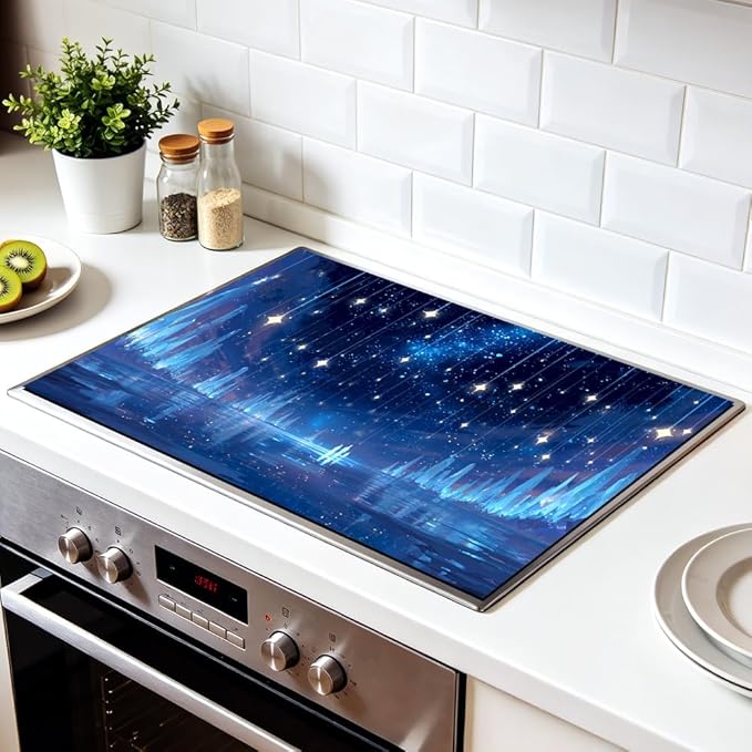 Stove Top Cover for Electric Stove 28.35 x 20.47 Inch Non Slip Stove Mat Dreamy Blue Starlight Glass Cooktop Protector Kitchen Counter Mat