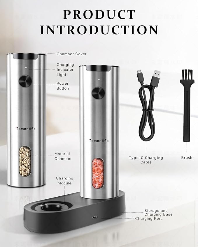 Electric Salt and Pepper Grinder Set with Rechargeable Base - Upgraded Large Capacity, Refillable Pepper Mill Set with LED Light & Adjustable Coarseness, Ideal for Kitchen, Outdoor (Light Silver)