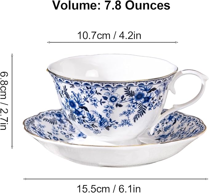 fanquare Porcelain Tea Cup and Saucer with Gold Trim, 8 oz Blue Floral British Coffee Cup with Spoon for Women Tea Parties
