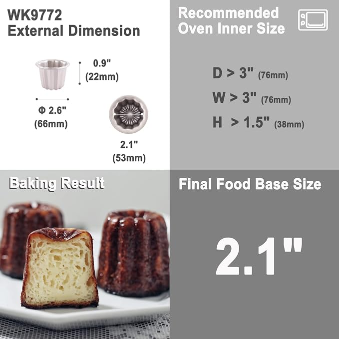 CHEFMADE Canele Mold Cake Pan, 2.6-Inch Non-Stick Canele Muffin Bakeware Cupcake Pan for Oven Baking (Champagne Gold)