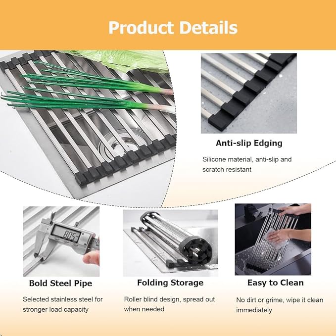 37/40/43/45/47/50/52 CM Collapsible Roll up Dish Drying Rack, Over The Sink Square Tubes Foldable Stainless Steel Drainer for Kitchen(Black,40x43cm/15.7x16.9in)