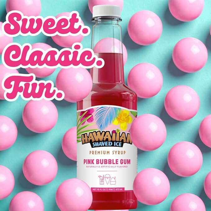 Hawaiian Shaved Ice Pink Bubble Gum Syrup - Nut Soy Dairy Free - Flavor Fluffy & Crunchy Snow Cones - Shelf Stable - Makes 8 Servings - 16 ounces