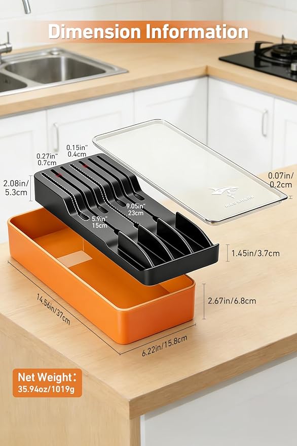 MAD SHARK 2-in-1 Detachable Knife Block & Silverware Organizer, Drawer Knife Holder for 7 Knives, BPA-Free, Blade-Safe Slots, Save Counter Space, Kitchen Drawer or Counter Storage, No Knives