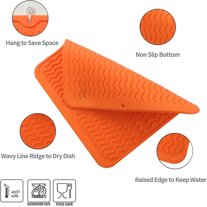 MicoYang Silicone Dish Drying Mat for Multiple Usage,Easy clean,Eco-friendly,Heat-resistant Silicone Mat for Kitchen Counter or Sink,Refrigerator or Drawer liner Orange M 12 inches x 12 inches