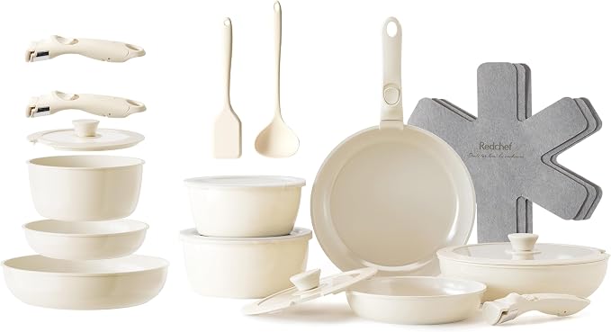RedChef Ceramic Pots and Pans Set, Nonstick Kitchen Cookware with Detachable Handle, 22pcs, PFAS, PFOA & PTFE Free, RV Ceramic Cookware for Camping, Dishwasher & Oven Safe