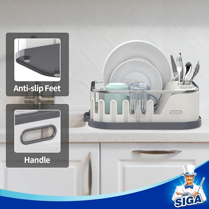 MR.SIGA Dish Drying Rack for Kitchen Counter, Compact Dish Drainer with Drainboard, Utensil Holder and Cup Rack, Plastic Kitchen Drying Rack for Dishes, Cups, Knives, Spoons and Forks, White