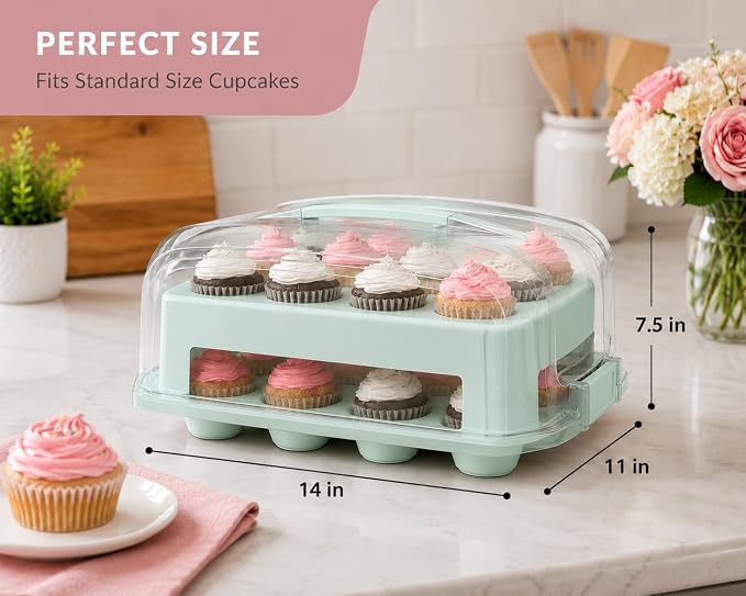Top Shelf Elements Cupcake Carrier, EXTRA TALL LID, Green Cupcake Holder Carries 24 Standard-Size Cupcakes, Muffin Traveler Two Tier Stand Reusable Cupcake Box
