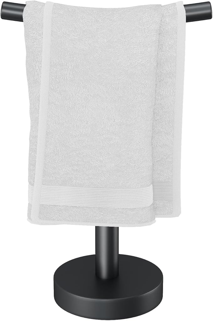 YUMORE Hand Towel Holder Stand for Bathroom & Kitchen, Freestanding T-Shape Fingertip Towel Rack with Anti-Scratch Weighted Base, Matte Black