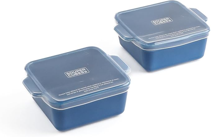 Souper Cubes Ceramic Baking Dishes 2.0-5" x 5" Baking Dishes with Silicone Lids, Individual Baking Dishes for Oven, Microwave, Oven and Air Fryer Safe, USA Made, Set of 2 - Blueberry