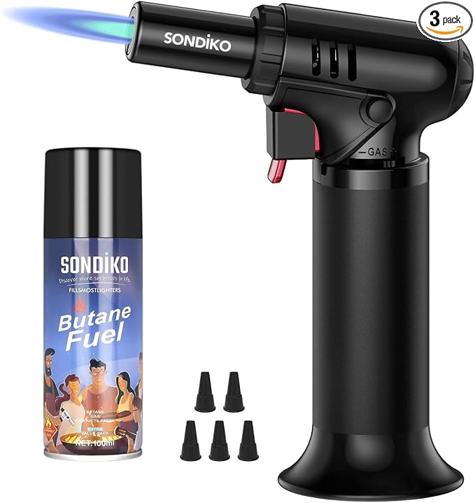 Sondiko Butane Torch Lighter with 2 Pack 100ml Premium Butane Fuel Canister, Refillable Adjustable Flame Soldering Torch with Visible Fuel Window, All-in-One Kit for Welding, Resin Art, BBQ & Camping