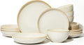 Pokini 16 Piece Double Bowl Dinnerware Sets with Pasta Bowls, Highly Chip and Crack Resistant Plates and Bowls Sets, Natural Earthyware Ceramic Dishware Sets, Service for 4 Yellow White