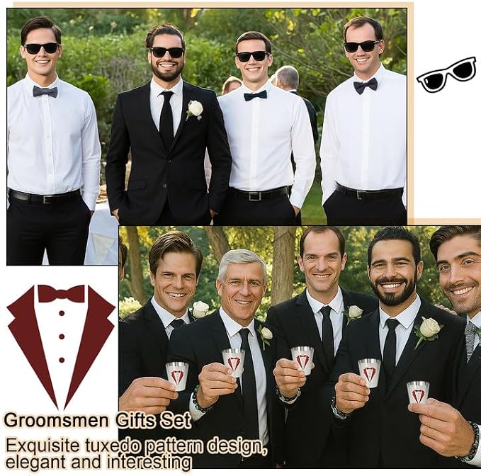 Set 4 Groomsmen Proposal Gifts - Groomsmen Gift Box with Leather Bag，Tuxedo Flask, Funnel，Shot Glasse，Poker Card Bottle Openers, Sunglasses, Pen，Bracelet, Card & Gift Bags for Wedding Party （Brown）