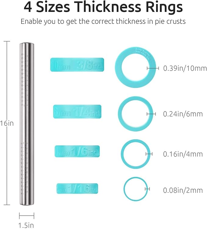 U-Taste 18/8 Stainless Steel Measuring Cup and Spoon Set of 10 Multicolor and 16 inch Adjustable Rolling Pin with Silicone Removable Thickness Rings Aqua Sky