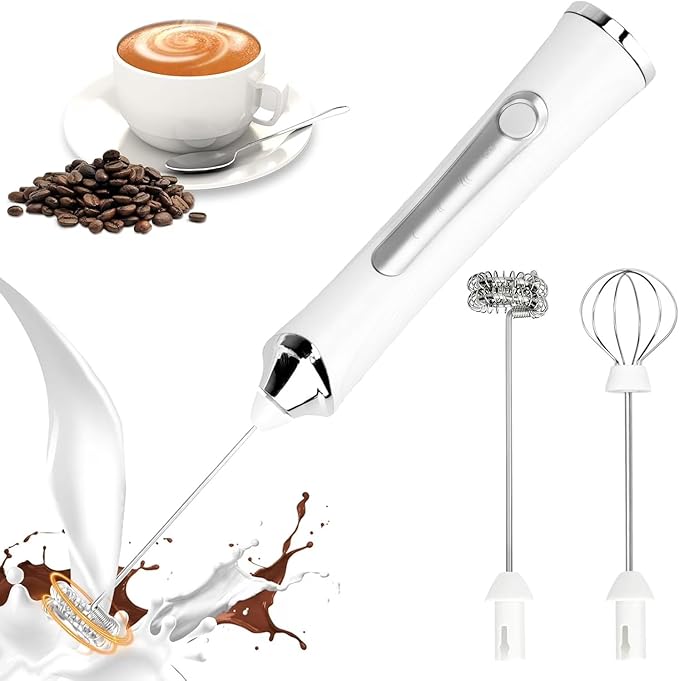 Electric Milk Frother, Rechargeable Handheld with 2 Heads and 3 Speeds, White