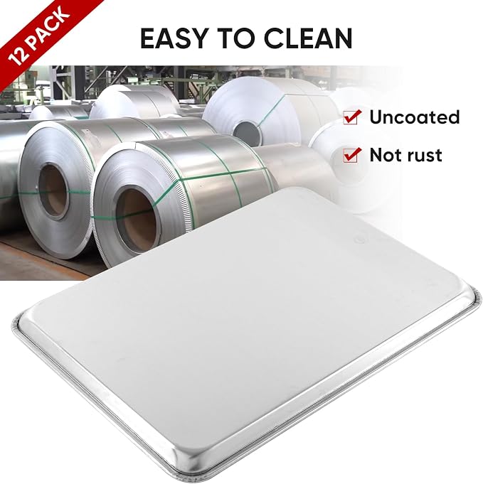 TENUP 12 Pack Aluminum Half Sheet Pan, 18" x 13" Heavy Duty Commercial Baking Tray Reinforced Rim, Warp-Resistant Rust-Free