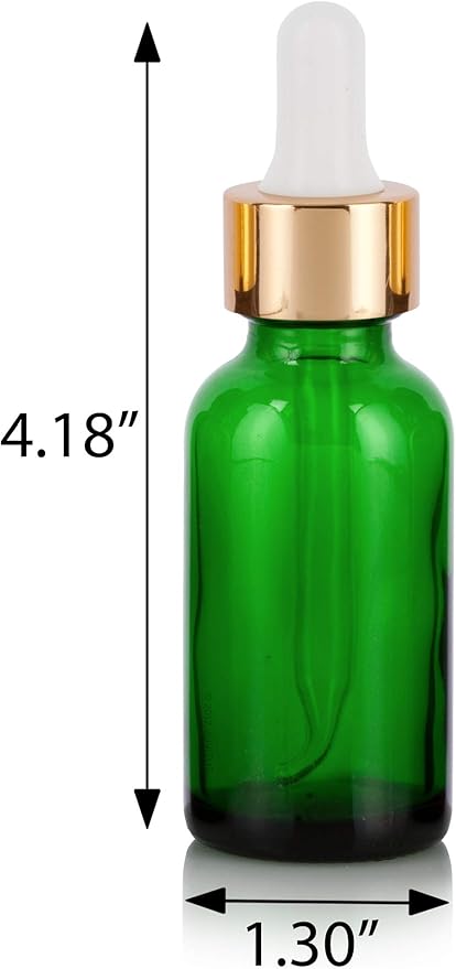 JUVITUS 1 oz / 30 ml Green Glass Boston Round Bottle with Gold Metal Glass Dropper (24 pack) + Funnel I Refillable Empty Storage Containers