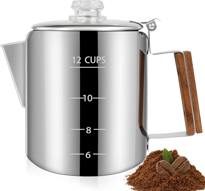 12 Cup Percolator 304 Stainless Steel Coffee Pot Coffee Maker Coffee Machine with Solid Wood Handle Transparent Knob Stovetop Greca Mocha for Induction Home and Camping 2200ml 74.4oz