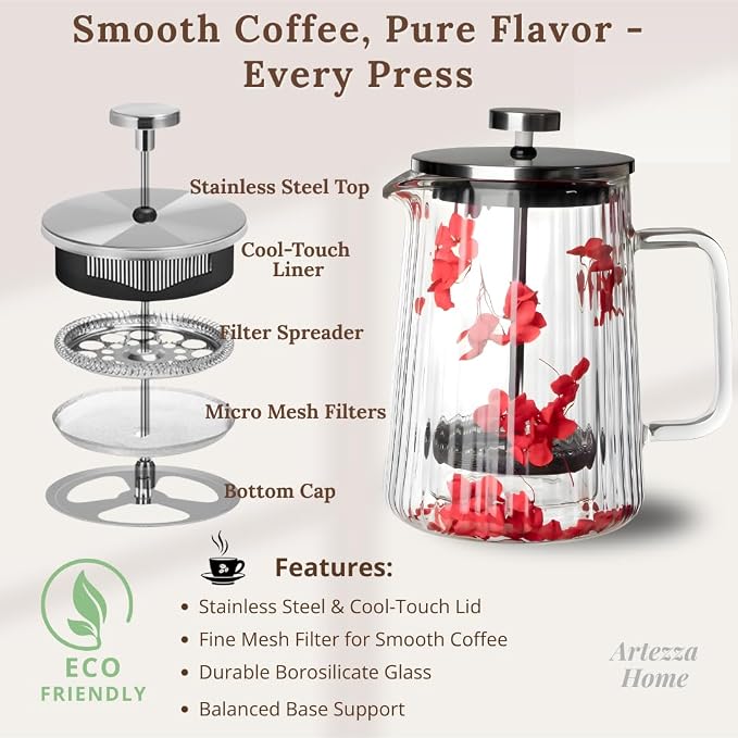 French Press Coffee Maker 22oz – Red Floral Glass Design – Double-Wall Borosilicate Ribbed Coffee Press with Stainless Steel Filter – Manual Brewer & Tea Press