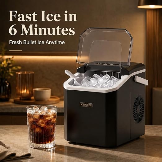 Countertop Ice Maker, Portable Ice Maker Machine, 6-Minute Fast Bullet Ice Maker with Self-Cleaning, Compact Ice Machine with Handle, Basket & Scoop for Kitchen, Home, Office, RV Camping,Black