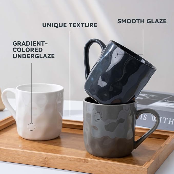 Porcelain Coffee Mugs, Set of 6, 12oz, Dark Blue, White, Grey | Hand-Pinch Textured Ceramic, Microwave & Dishwasher Safe, Non-Toxic, Stylish Gift