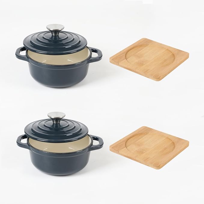 HAWOK Enameled Cast Iron Mini Dutch Oven, Dia5.51inch, 23oz, Set of 2, Navy blue