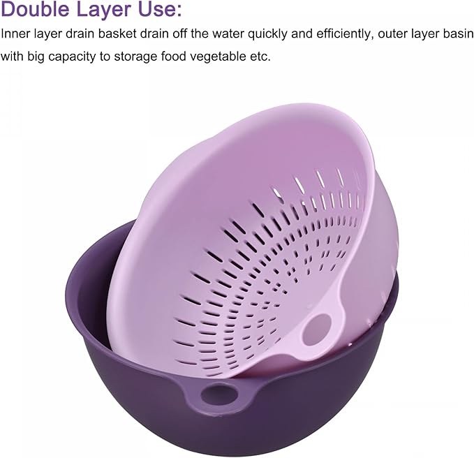 uxcell Kitchen Strainer Colander Bowl Set, Small Double Layer Drain Basin and Basket Suitable for Fruits, Vegetables, Pasta, Berry - Purple
