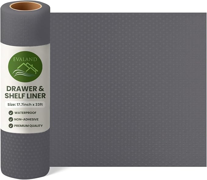 EVALAND Shelf Liners for Kitchen Cabinets Non-Adhesive 17.7" x 33 FT Grey Drawer Liner Non Slip, Washable Cabinet Liner, Waterproof Shelf Liners for Cabinets, Refrigerator Bathroom Pantry - Thickened