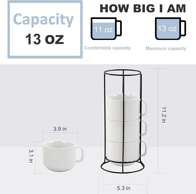 Buyajuju Porcelain Stackable Coffee Mugs Set of 4 with Metal Stand, 12 Ounce Stackable Different Embossment Coffee Cup holder for Coffee, Tea, Cocoa, Drinks, White