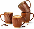 GBhome Large Coffee Mugs Set of 4, 16oz Handmade Embossed Coffee Mugs Set with Large Handle for Cappuccino/Latte/Tea/Hot Cocoa, Dishwasher & Microwave Safe, Caramel