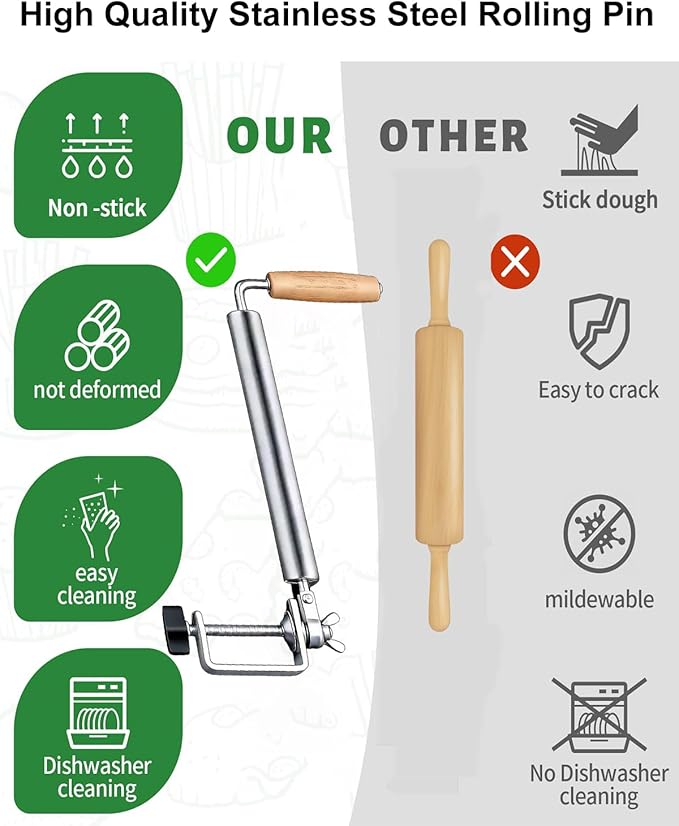 Rolling Pins,Rolling Pin and Silicone Baking Pastry Mat Set,Rolling Pins,Adjustable Stainless Steel Rolling Pin with Baking Dough,Pizza,Pie,Pasta(25MM)