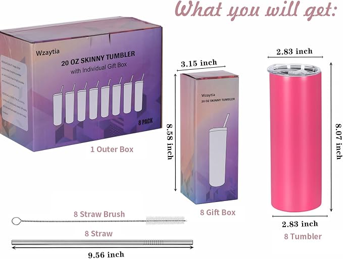 8 Pack 20 Oz Straight Skinny Tumblers,Individually Gift Boxed Stainless Steel Slim Skinny Tumbler Set Bulk, 20 Oz Insulated Slim Thin Travel Tumbler Cup for Diy,Hot Pink