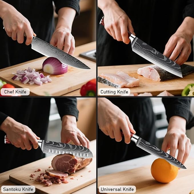 8-Piece Premium Japanese Kitchen Knife Set - Star Collection, Laser Damascus Pattern, 440A Stainless Steel Ultra Sharp for Fast Cutting (Red 8J)