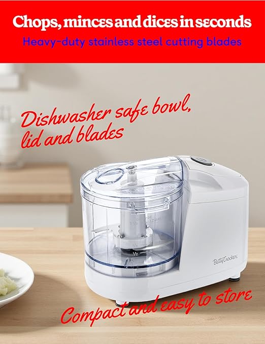 Betty Crocker 2-Piece Kitchen Appliances Combo: 5-Speed Hand Mixer with Food & Vegetable Chopper, 150W Mixer, Chrome Beater & Whisk Attachments, 100W Food Processor with Plastic Bowl, BC-7222W, White