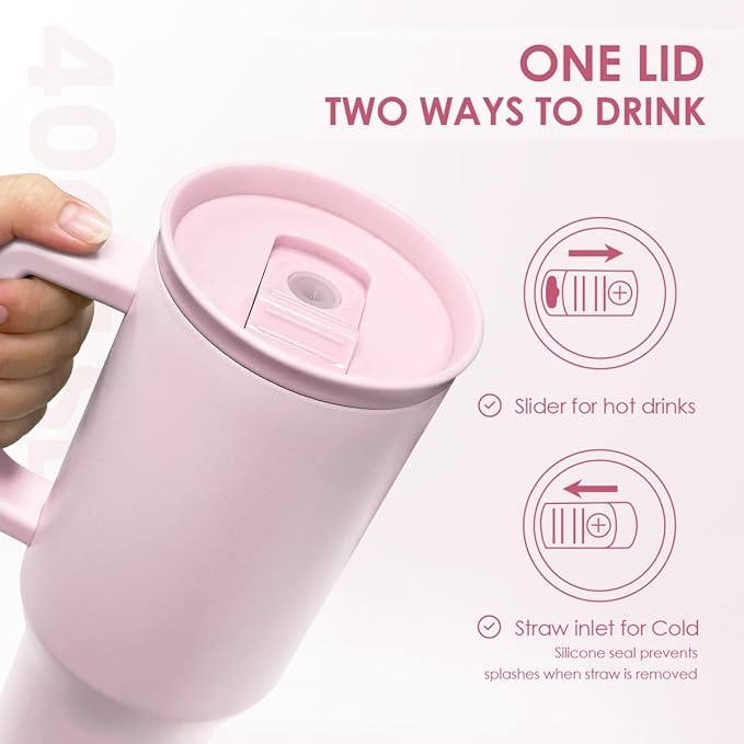SANDJEST Light Pink 40oz Tumbler with Handle and Straw, Insulated Stainless Steel Travel Coffee Mug for Women Girls, Gift Idea for Birthday Christmas Mothers Day