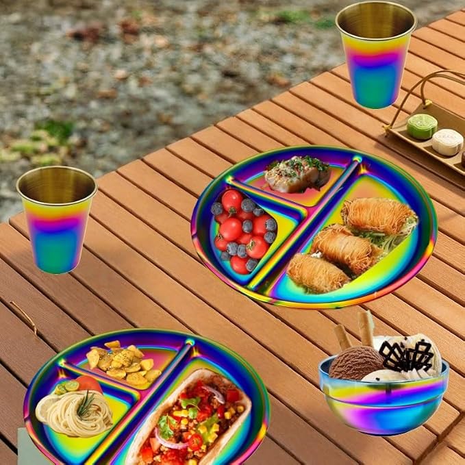 12-Piece Stainless Steel Rainbow Dinnerware Set for 4 | Unbreakable Reusable, Divided Plates Bowls Cups, Round, Dishwasher Safe, For Kitchen Camping Picnic RV