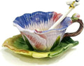 Ceramic Pansy Coffee Cup and Saucer Set with Spoon，6OZ 3D Hand-Painted Flower Tea Mug，Gift for Women (Pinkish Purple)
