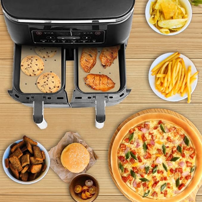 2pcs 8Qt Air Fryer Rack Set with 100pcs Parchment Paper Compatible with Ninja Foodi Air Fryer DZ201, DZ401, 304 Stainless Steel Toast Dehydrator Racks Paper Liners for Double Basket