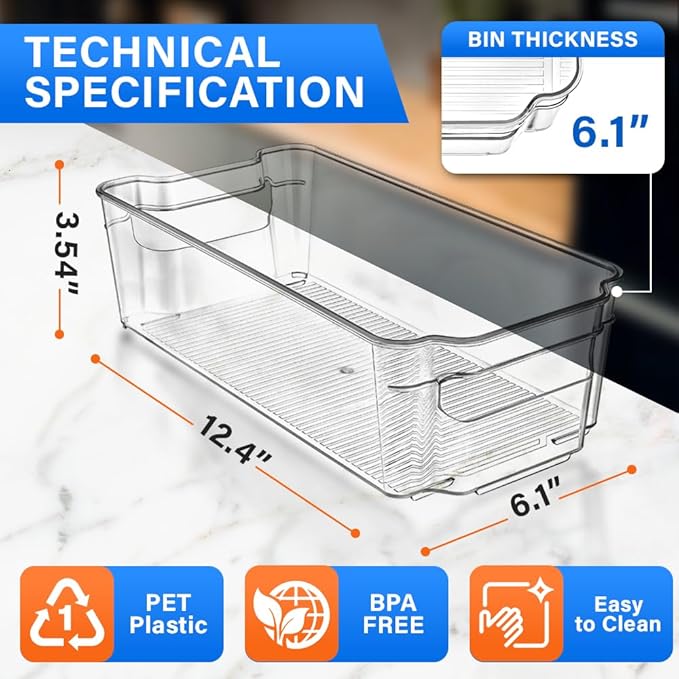 Lifemaster Multi-Purpose Refrigerator Bins - 8 Pieces Usable And Stackable Design Fridge Bin Organizer With Easy Grip Handles - Clear